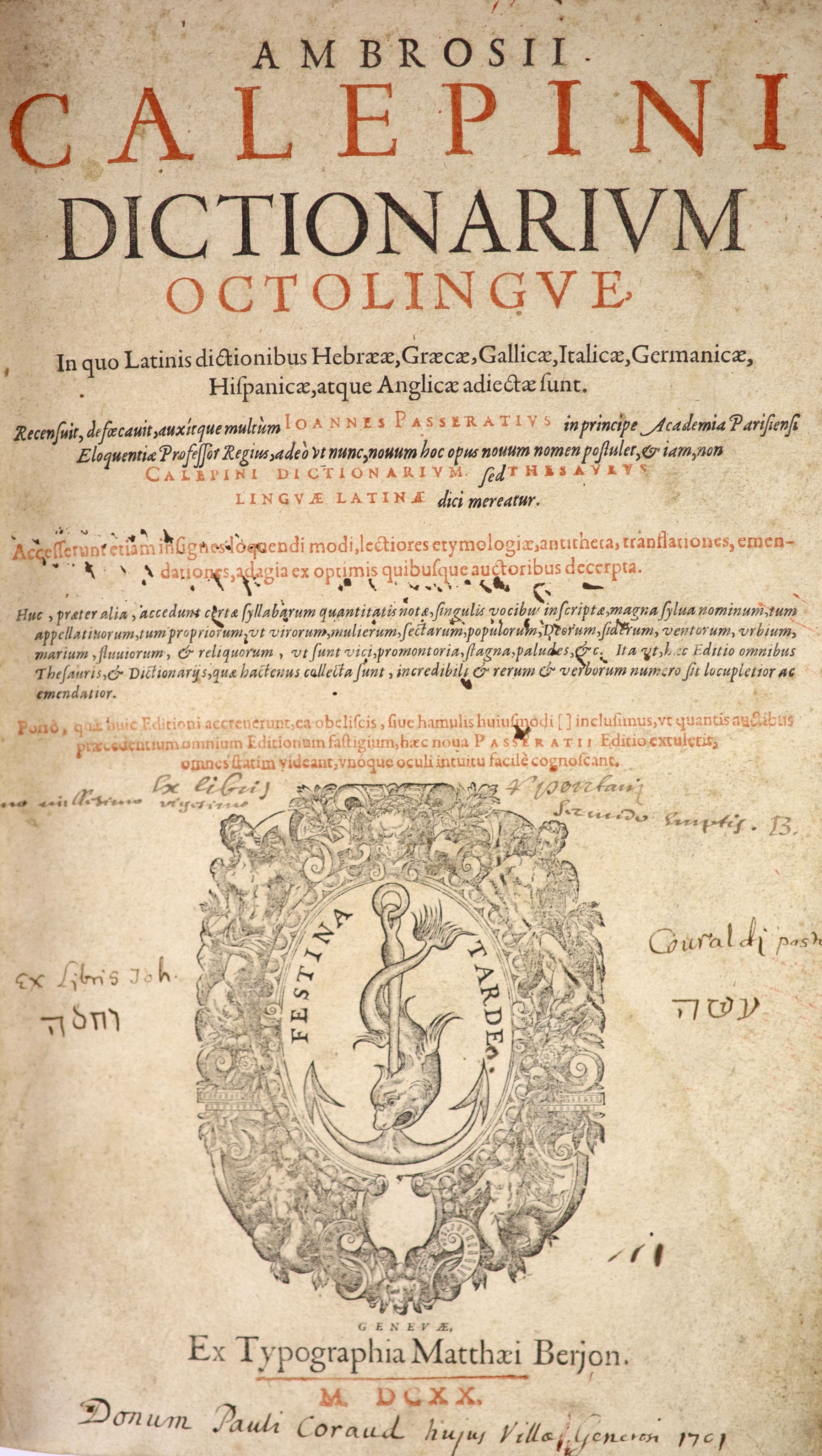 Calepini, Ambrose - Dictionarium Octolingue....engraved title device, headpiece decorations, decorated initial letters; newly rebound half morocco and marbled boards, gilt lettered panelled spine, thick folio.